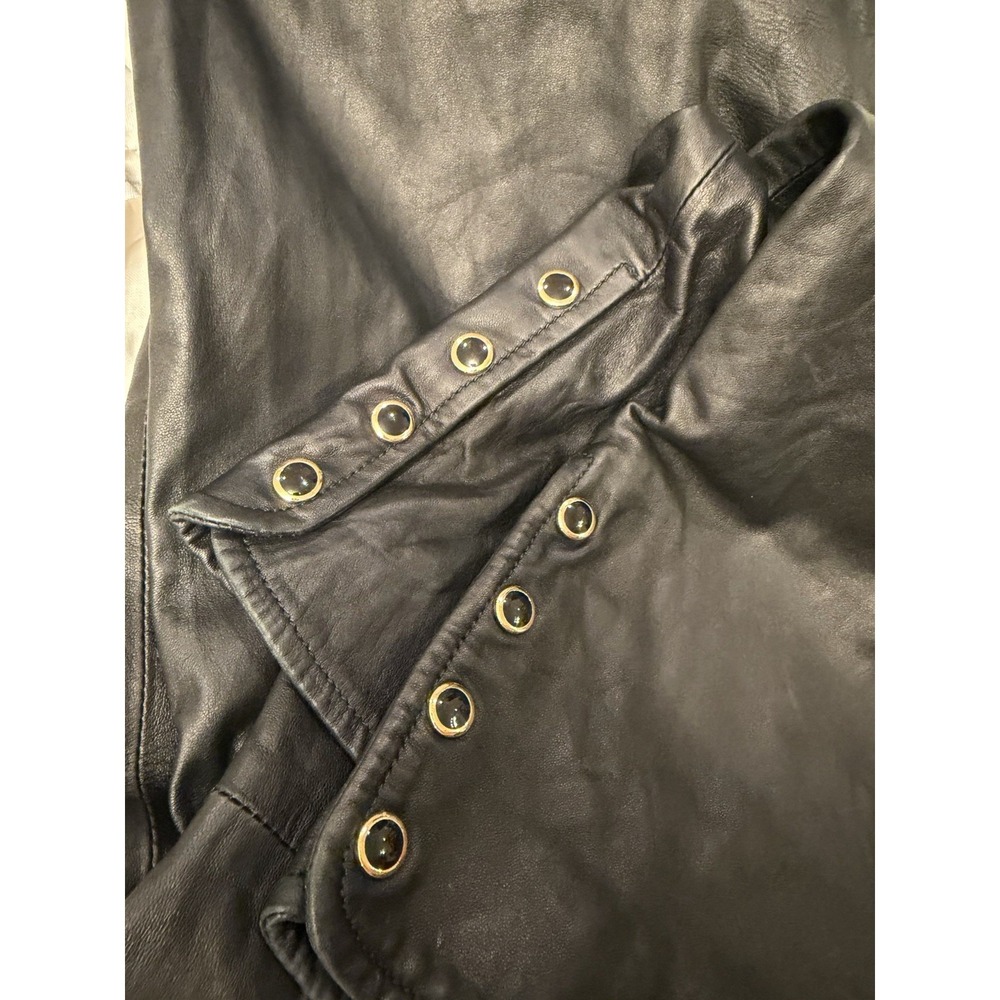 St.John Collection, Black Leather Pants Gold Accent Buttons Moto Size 12 Silk - Picture 5 of 5